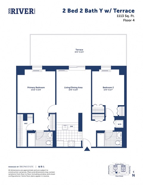 Floor plan for 2 beds, 2 baths, 1113 sqft